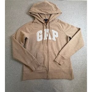 Gap Zip Up Hoodie Small Tan Embroidered Logo Fleece Long Sleeve Med